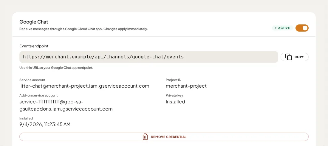 Google Chat settings showing an active connection, the events endpoint, and installed service account details.