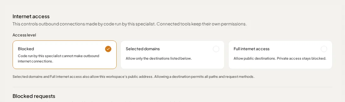 Internet access settings with Blocked selected and the Selected domains and Full internet access options alongside it.